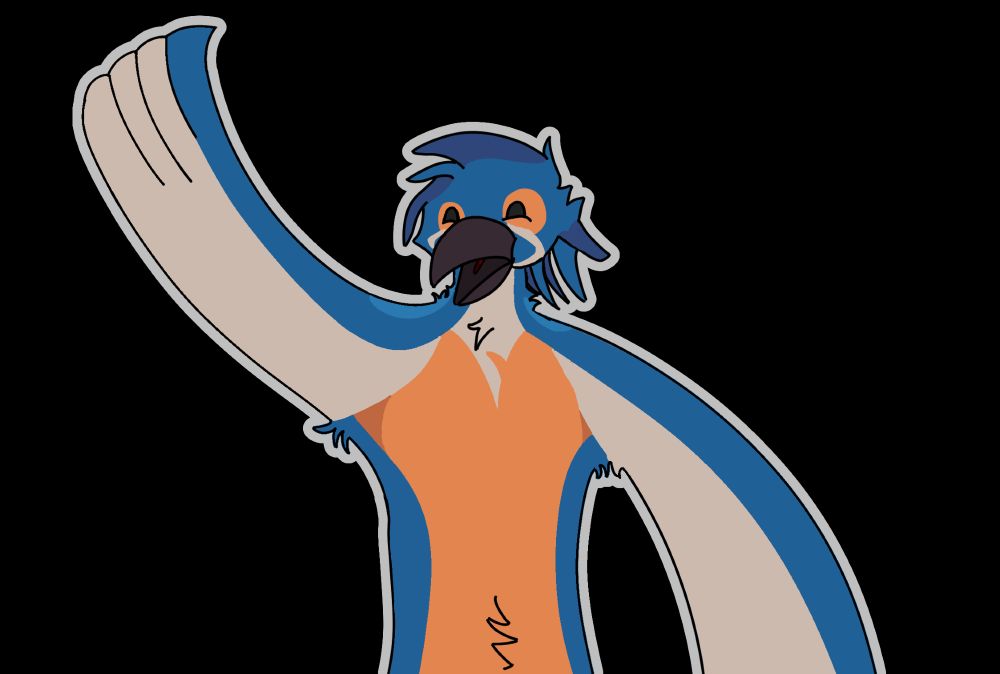 A anthro kingfisher waves at you with their right wing. They have a happy expression on their face.
