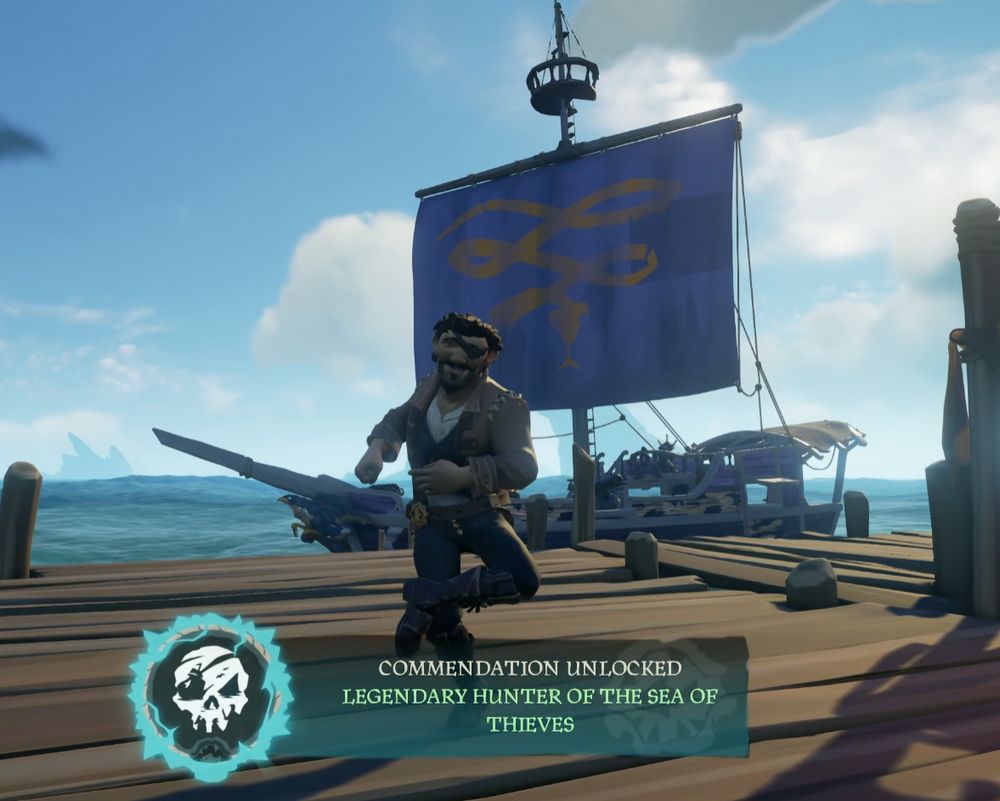Me, Lorenz Sinclair getting legendary hunter of sea of thieves commendation, standing in front of my sloop. The drowned rat I