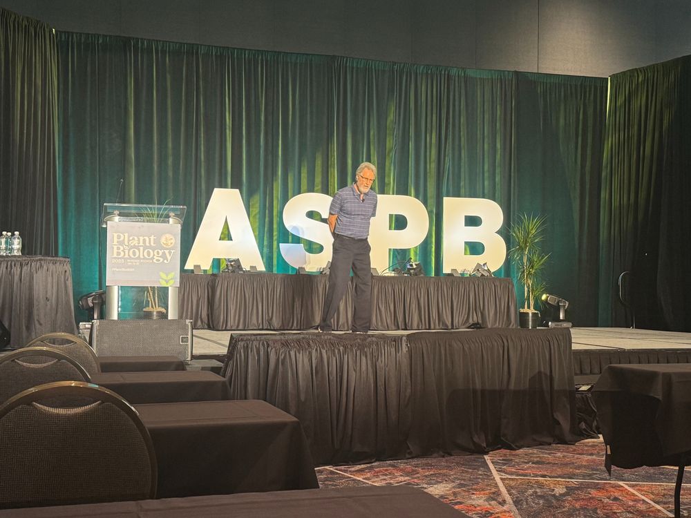 A male speaker in black pants and a blue polo shirt stands on a stage with a green curtain background and big block white letters that say "ASPB" behind him. There is a lectern on the left side of the image with a "Plant Biology" side across the front. 