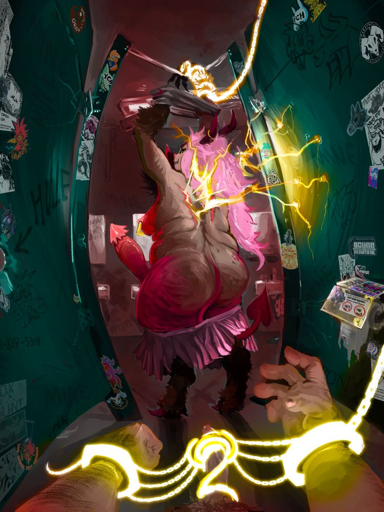 The demon Ash transforms while disrobing more fully, rending a graffiti'd and stickered bathroom stall as she playfully transforms into her demon form. Her scarred back emanates false wings, zapping lightning against the stall. Golden chains wrap around the POV character's wrists and penis. Ash has long pink hair, a skirt, a red tail, and furred shins & forearms. Her pierced nipples hang with a heavy golden piercing and her cock extends into view with catlike barbs. A pink skirt falls from her hips and hangs from her ankles and now- visible red devil tail. 