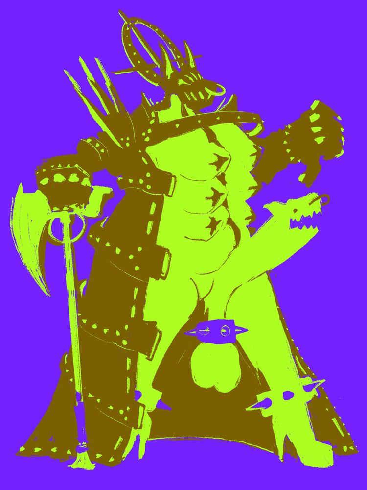 a large lady with six tits and a huge penis and an elaborate jacket with heels, ball weights, gauntlets, a hood, a crown, and a large axe