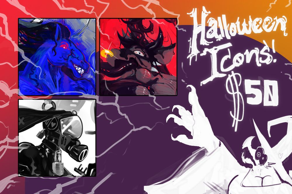 three painted headshots being electrocuted by a busty kobold. Text reads "HALLOWEEN ICONS! $50"