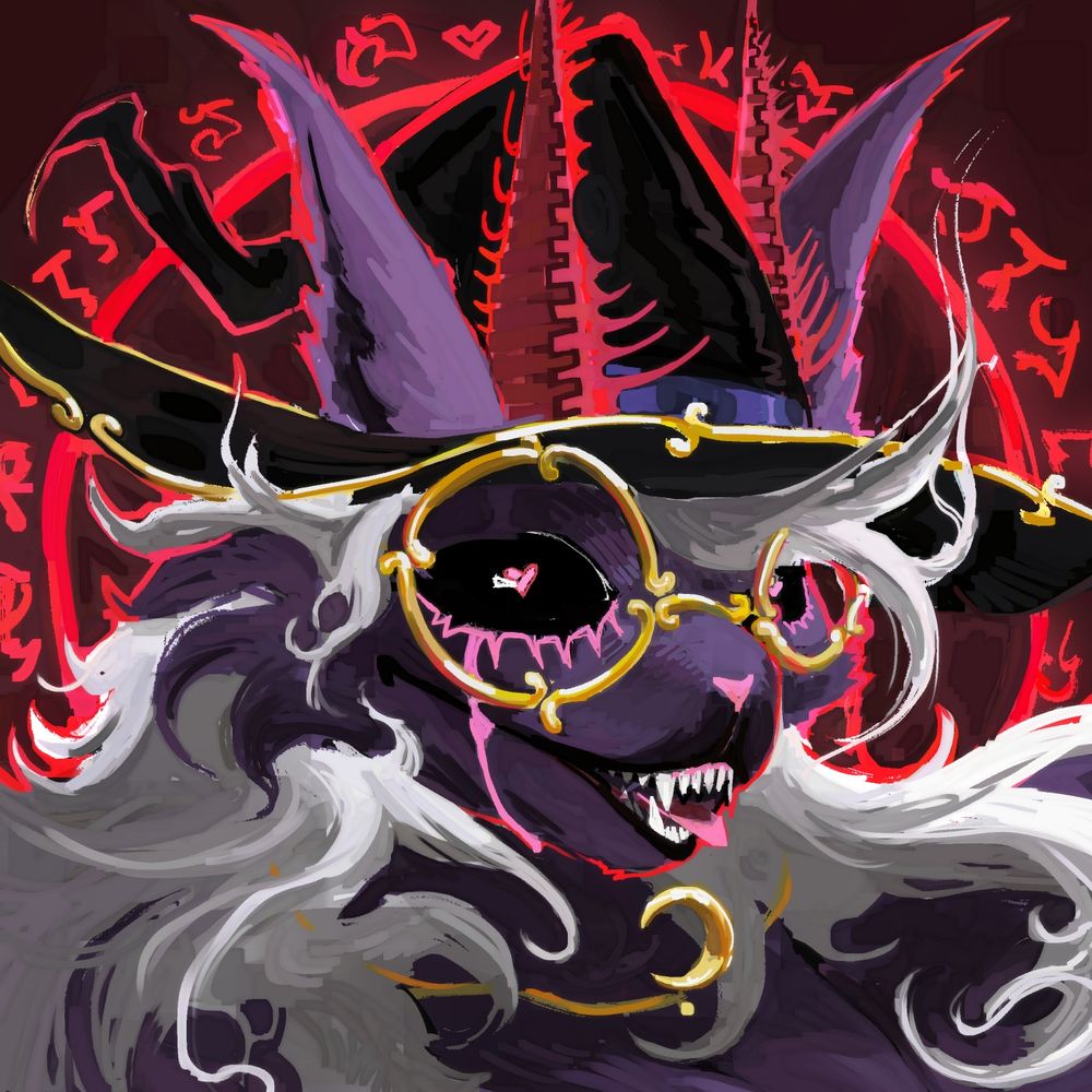 A horror themed icon commission for a purple kitty with red horns, white hair, a black witch hat, fangs, orange gold metal trim, a floating moon pendant, and a red demonic seal behind them 