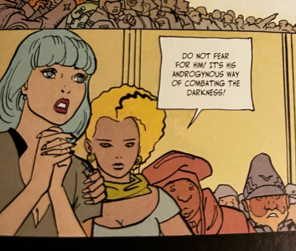 A woman holding back a concerned looking woman with the text bubble, “DO NOT FEAR FOR HIM! IT’S HIS ANDROGYNOUS WAY OF COMBATTING THE DARKNESS!”