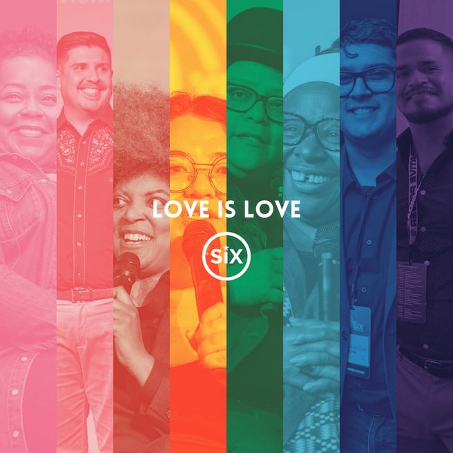 A collage of duotoned faces matching the 8 colors of Pride Month.