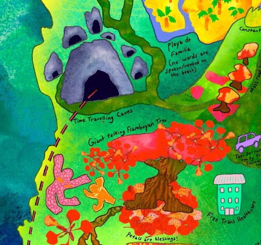 A close up of a map of Espejio, an imaginary trans/queer utopia by Foster and Aileen Santiago. Features include a Giant Talking Flamboyant Tree, Free Trans Healthcare clinic and a taxi service run by frogs.