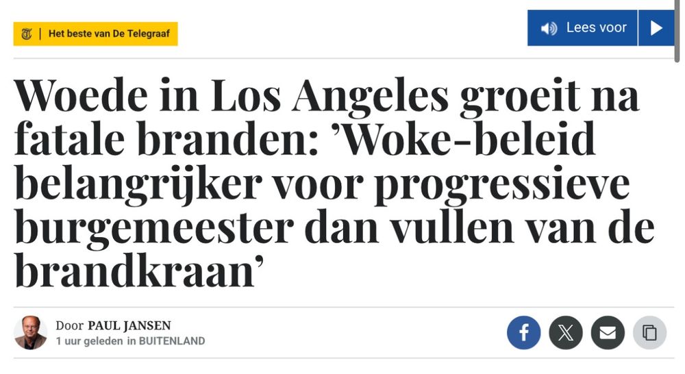 Telegraafkop: "Woede in Los Angeles groeit na fatale branden: 'Woke-beleid belangrijker voor progressieve burgemeester dan vullen van de brandkraan'