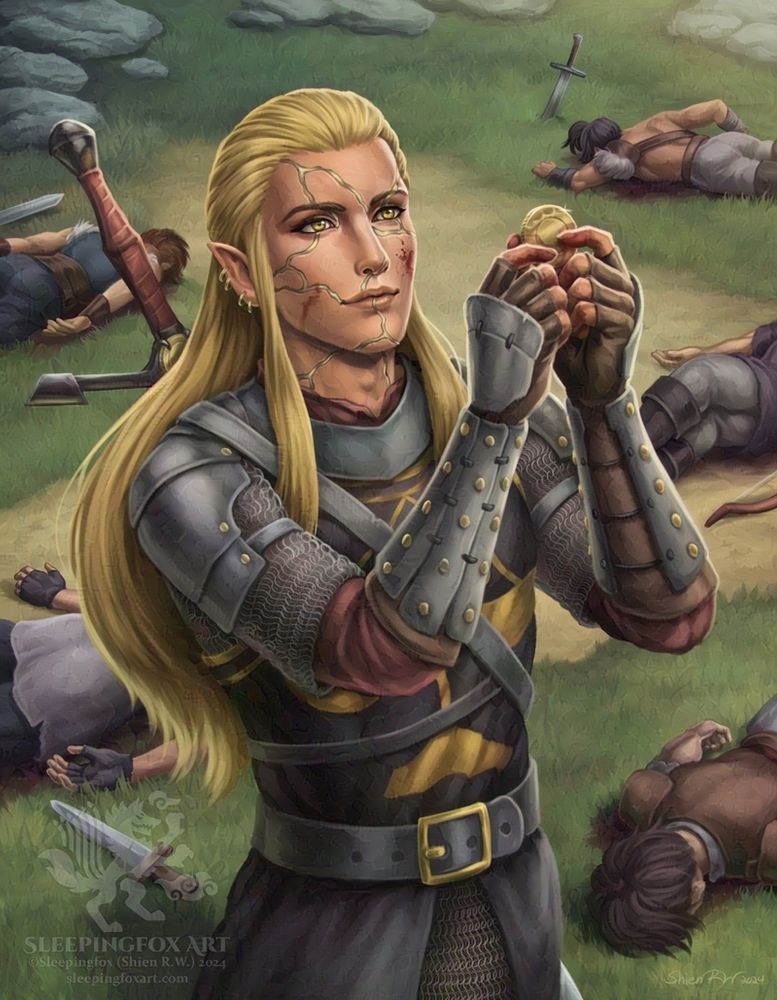 An elf paladin with gold hair and metallic gold cracks across his face reverently holds up a coin to the sky. He is dressed in leather armor and chainmail, a black and gold balancing scale on the front of his tabard. A sword with a scale-like hilt and coin decoration is strapped to his back. Strewn about him in the grass background are a group of defeated bandits. He looks upwards towards where a divine light gently shines down on him, offering a bitten golden coin to his deity.