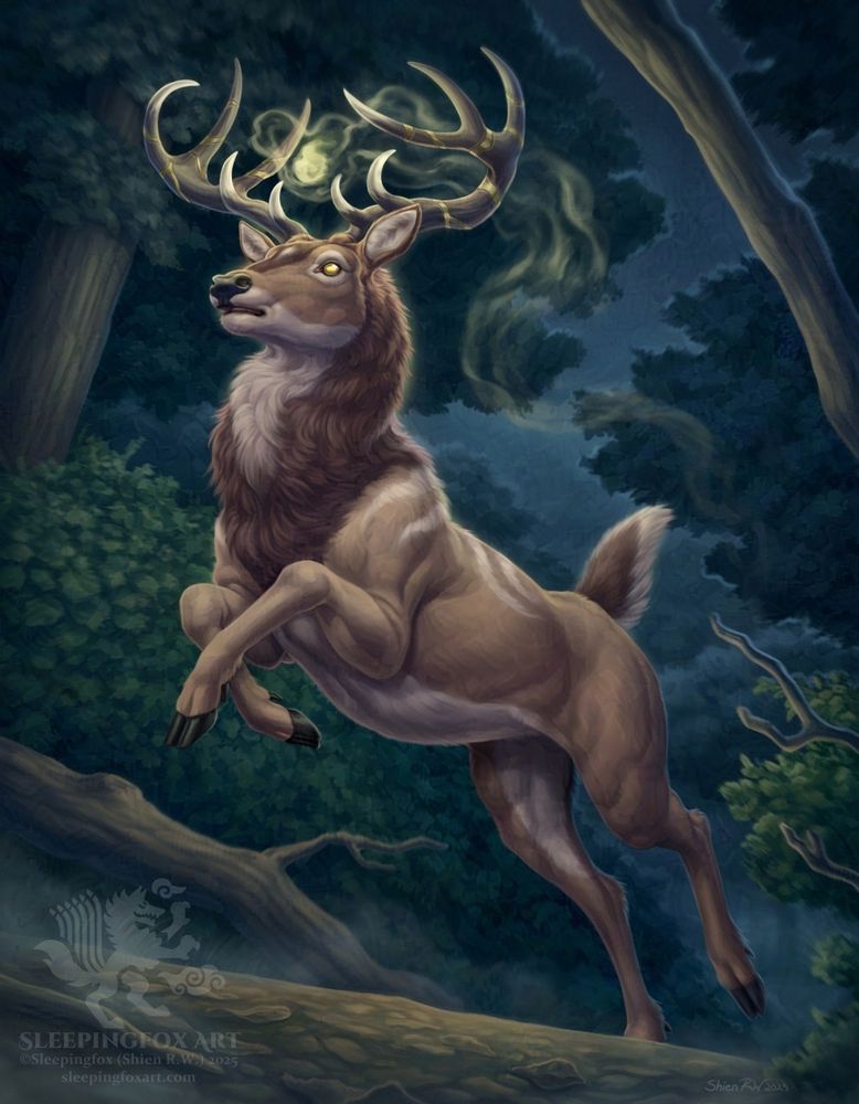 A stag charges down a fog covered path, the flame between his antlers illuminating the foliage around him. The stag has a wary expression, his ears perked forward. 
