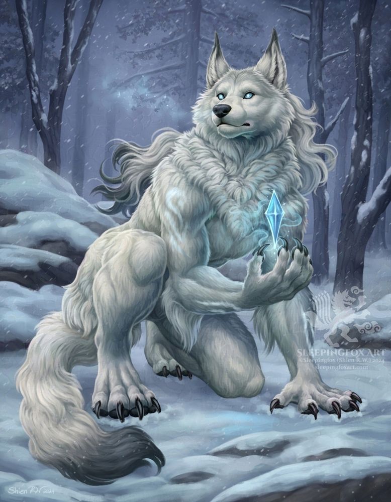 A white werewolf crouches in the snow and looks warily off to the side, cradling a floating blue crystal in one hand. The background is a somber forest in winter, trees with bare branches and with snow on their trunks as snow whips past.