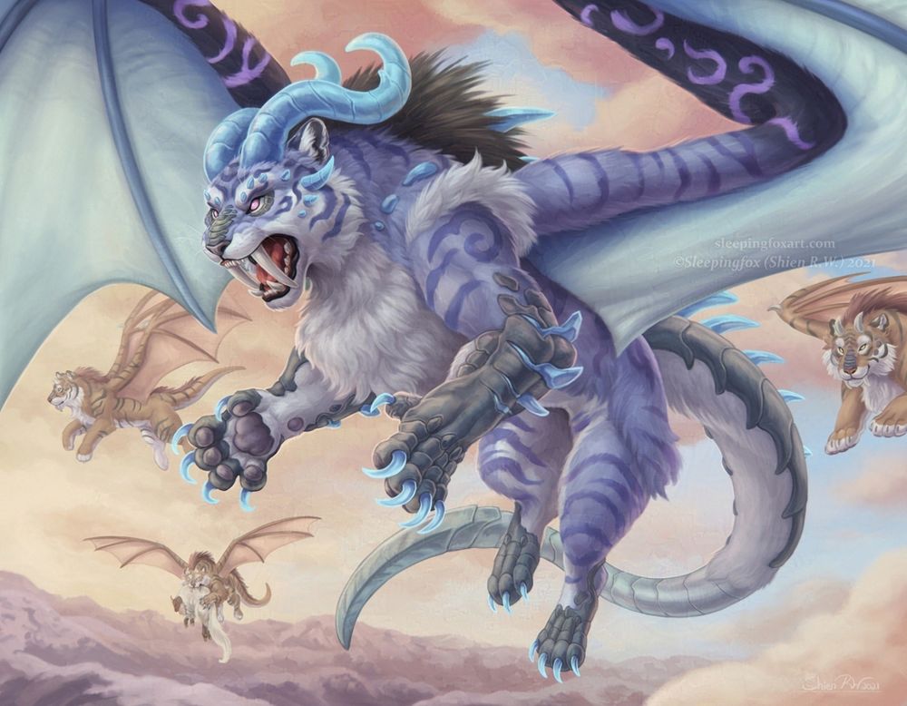 A flock of winged felines fly over snow topped mountains, the setting sun casting the background in a soft orange glow. The skyrenders in the background are unaspected and their fur coloration looks similar to a tiger's  (one of them holds a highland sheep in its jaws). The leading skyrender is arcane aspected, its fur a mixture of unnatural purples and blue, its stripes ending in strange swirls. It has curling arcane crystal horns jutting from its forehead, spikes protruding from its face and arms, and long crystal claws. Chitinous growths coat its paws and tail.