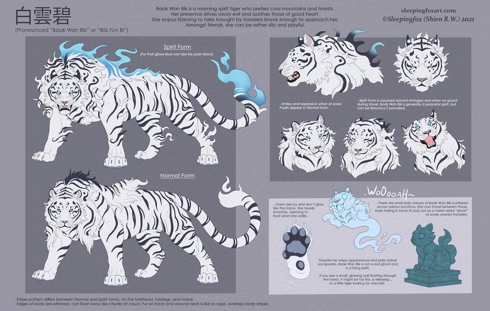 A character sheet of a white spirit tiger. She has a long pseudo mane that drapes across both shoulders and along most of her back. Her fur has a ethereal quality to it and the ends can glow spectral blue.