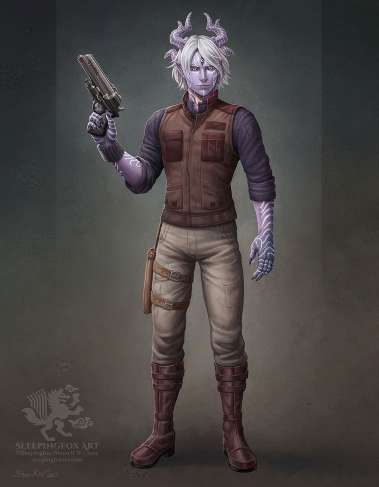 A painting depicting Jaq'har standing against a simple background. He has purplish blue skin patterned with glowing white stripes, short white hair with long bangs, 3 black and gold eyes, and 2 pair of horns. He dresses simply - a leather vest with various pockets, a dark purple shirt, cargo pants with a gun holster strapped on one leg, and leather boots. He holds up his pistol at the ready. 