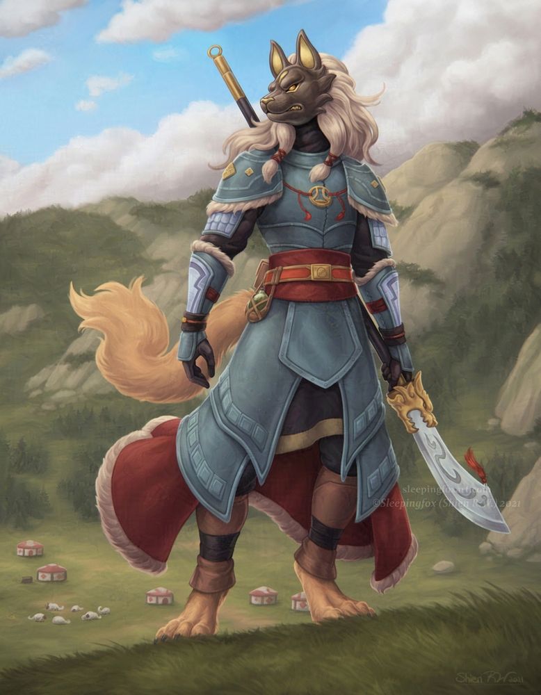 Lei Ran, an anthropomorphic blonde wolf warrior, stands on the incline of a vast highland. She's dressed in blue leather armor with a trailing fur lined sash and wears a carved wolf mask. Looking out into the distance, she holds a guandao at her side. A flock of sheep and yurts dot the far background.