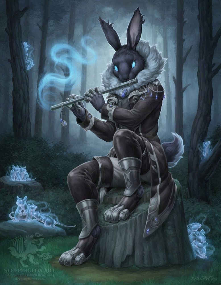 A mysterious black rabbit in a long coat with metallic trim sits on an old tree stump, playing a flute that emits a ghostly trail. He has a large collar of white fur, and limbs that seem half metal and doll-like. He sits in a misty, spooky forest, a light in the distance framing his form. There are spectral rats that heed the flute's call throughout the painting.
