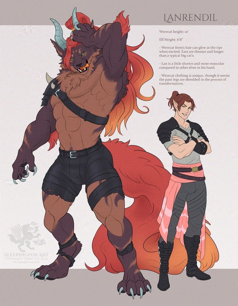 A character sheet that depicts the werecat and "normal" forms of elf Lanrendil. On the left is the muscular brown and dusty purple werecat form, who brushes back his hair with one giant paw and licks his fangs as he leers at the viewer. He sports a pair of gray horns that curve slightly over his head. His hair is long and partly pulled back into a loose ponytail, the same color as his bright red tail, the tips slightly glowing.

On the right is Lan's elf form as he would normally appear. His hair is slightly reddish brown and tied in a short ponytail. He dresses simply, a gray shirt with leather pants and boots, and a harness with shoulder guards. A pink sash about his waist is the only decorative thing he wears. He also smirks at the viewer, his arms crossed confidently.