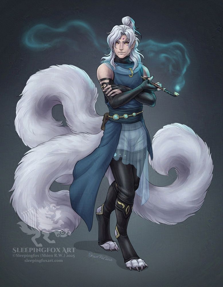 A sketch of a young man with arms crossed looking off to the side, as if noticing something in the distance. He has long white hair that's tied loosely into a ponytail at the top. He wears a loose tabard and has long black arm sleeves and high thigh boots. His upper body is humanoid and his legs end in digitigrade paws. His 3 tails curve pensively as the greenish blue ghost flame trails from his pipe. #kemonimimi