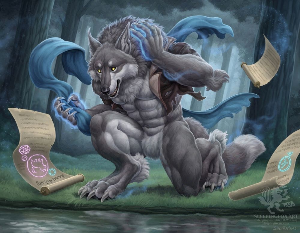 A muscular gray and white werewolf, Rev, crouches near a stream in a forest, looking down in wonder at his reflection. He feels his mane with a glowing paw, the other holding onto a scarf on the verge of being blown away. 3 spell scrolls whip around him, their runes still glowing - one of them depicts a simply drawn wolf with a d20 rune underneath. Faint blue magic trails off of Rev's body and from the scrolls.