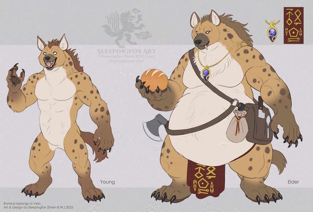A simple character sheet that depicts a young gnoll on the left and a much larger, older version of her on the right. The young gnoll grins and waves at the viewer while the elder version calmly smiles and hold out a freshly baked loaf of bread. As an adult, Romina carries a side bag that contains cooking utensils, a cross belt that holds her axe, and an herb satchel. Designs for her personal crest and necklace are in the upper right.