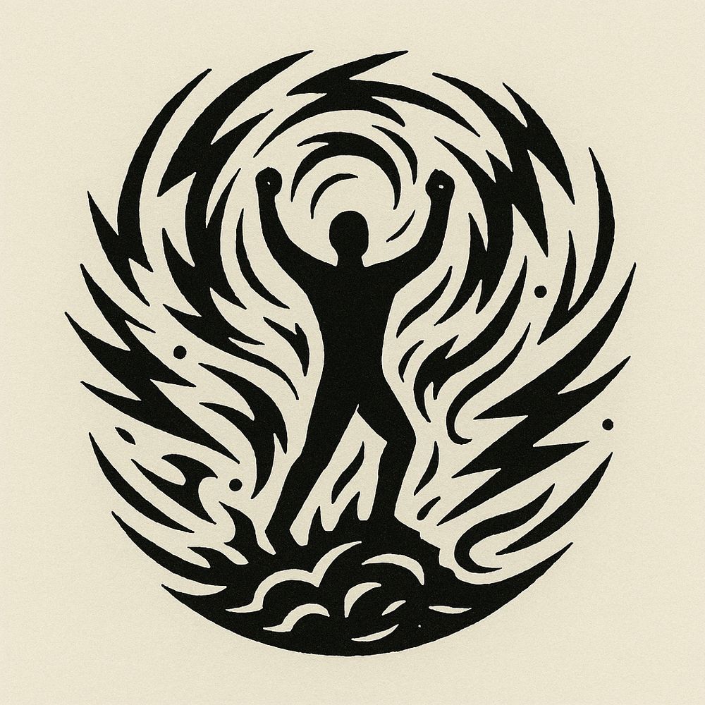 A bold, black silhouette of a human figure stands triumphant with fists raised, surrounded by swirling, jagged flames, and energy waves. The figure rises from a chaotic base of clouds or smoke, symbolizing emergence from inner turmoil. The design is circular and symmetrical, evoking both rebellion and rebirth—perfect for representing a personal uprising and transformation.