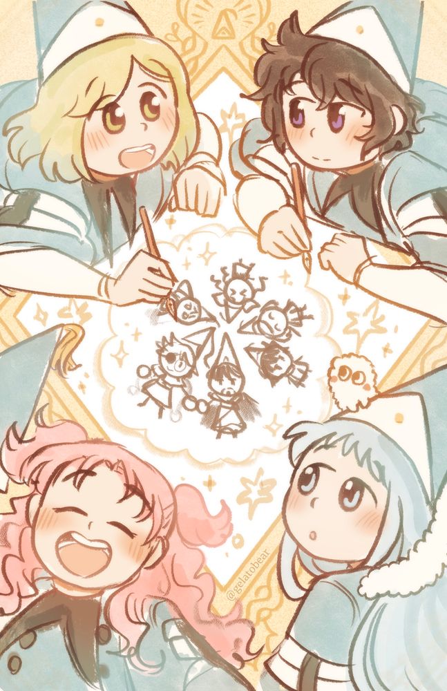 An illustration of the four girls from Witch Hat Atelier! They are on the ground and drawing in the center of the image, the image being a sketchy drawing of the four of them with Qifrey and Olruggio.