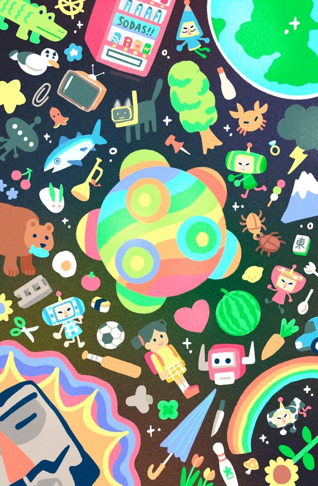 A colorful, bright image of objects and characters from Katamari Damacy! Items are scattered across a dark background, as if floating in space. A large rainbow colored katamari ball is in the center with the Prince nearby, and they are surrounded by all sorts of items, like fish, plants, sports items, food, bugs, animals, and more. 