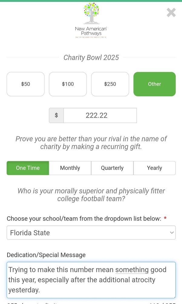 $222.22 donation in honor of Florida State.