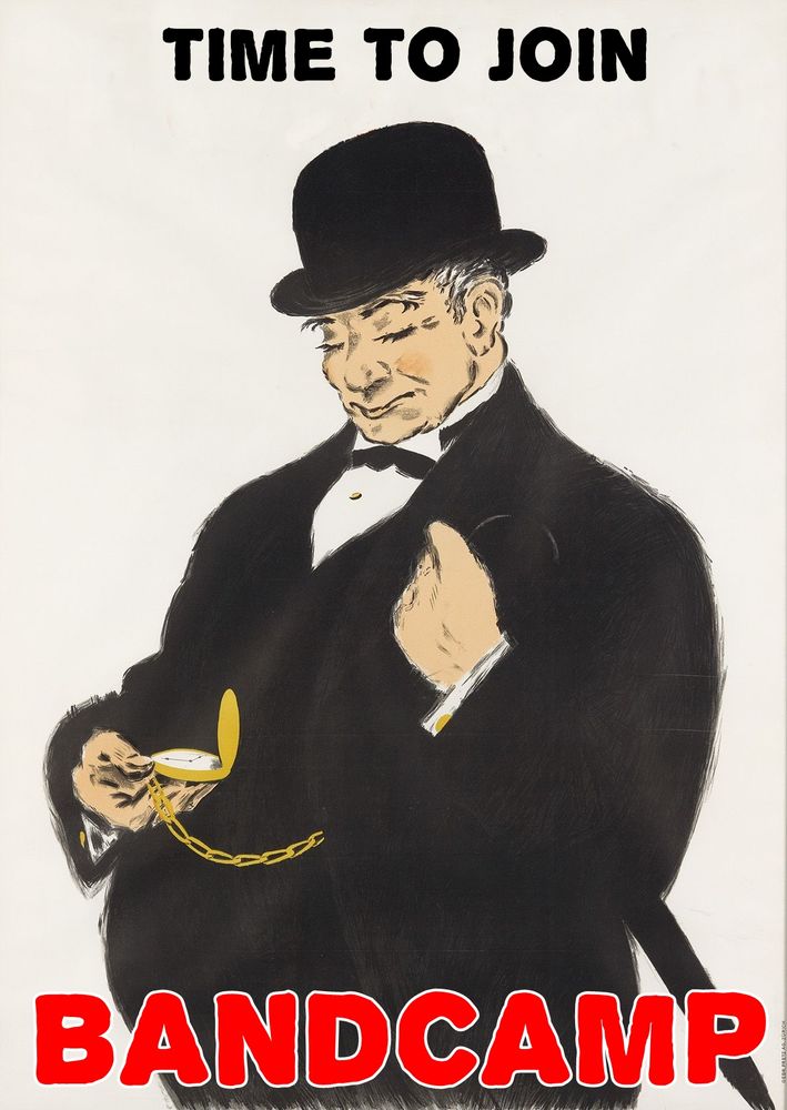 Man in a suit looking at a watch with the slogan 'Time to Join Bandcamp'