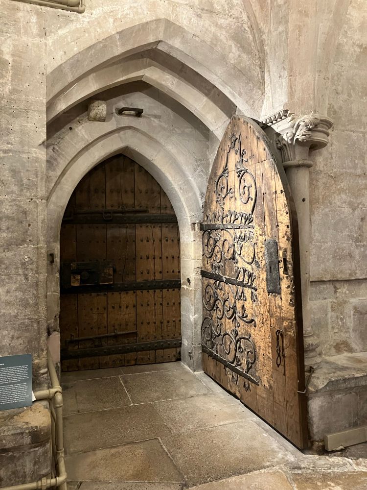 View of the open door with a second door beyond. 
