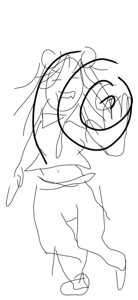 Badly drawn girl in collared button top, pants with space buns and have done wild hair. She is touching into another dimension which makes it ripple like water