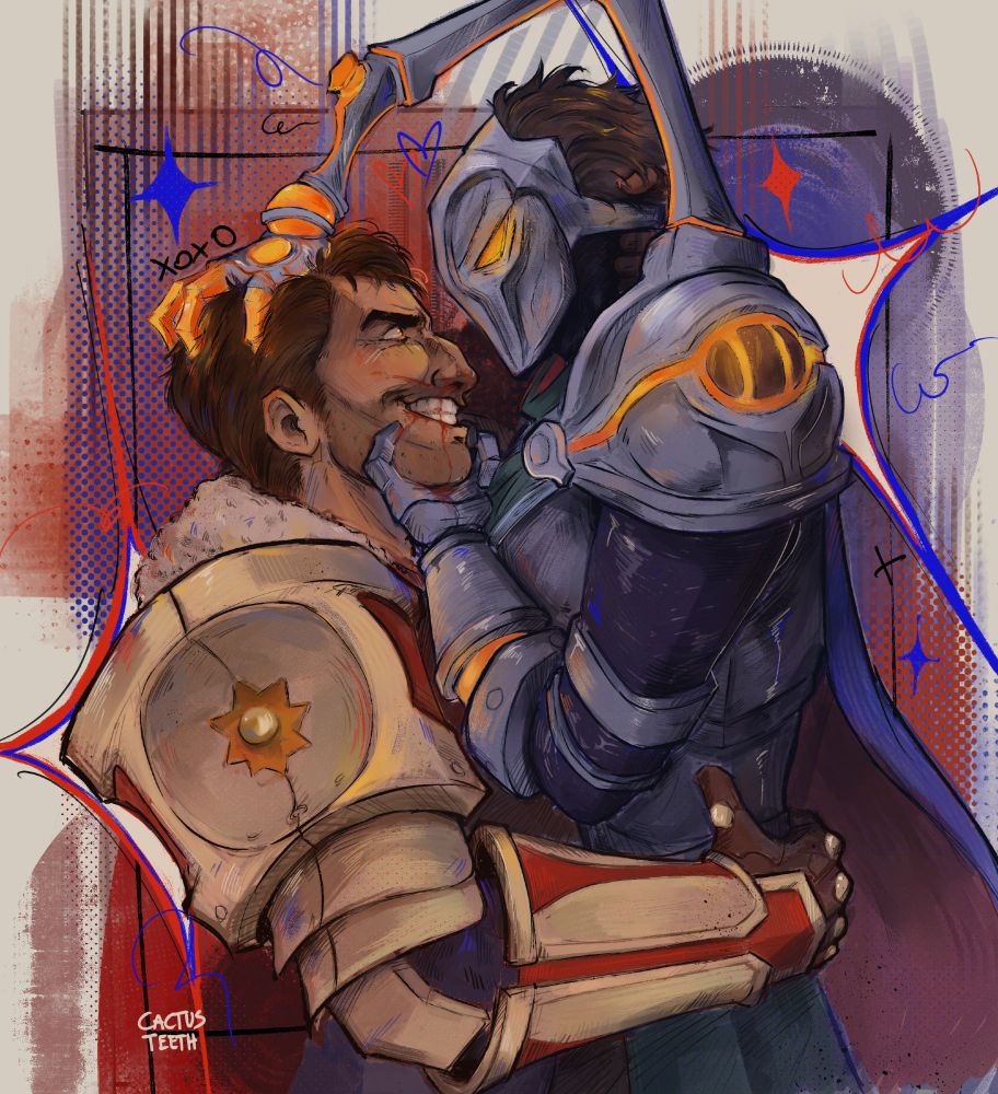Viktor and Jayce from League of Legends grabbing onto each other.