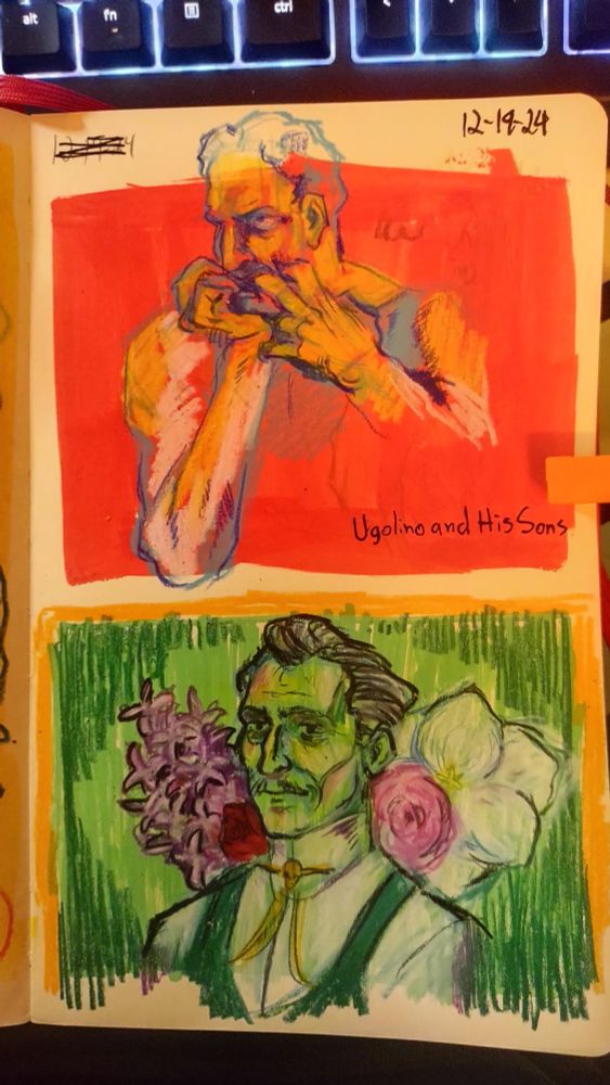 Photo of a page in a sketchbook with art of emmrich volkarin from dragon age and a study of the statue "Ugolino and His Son's"