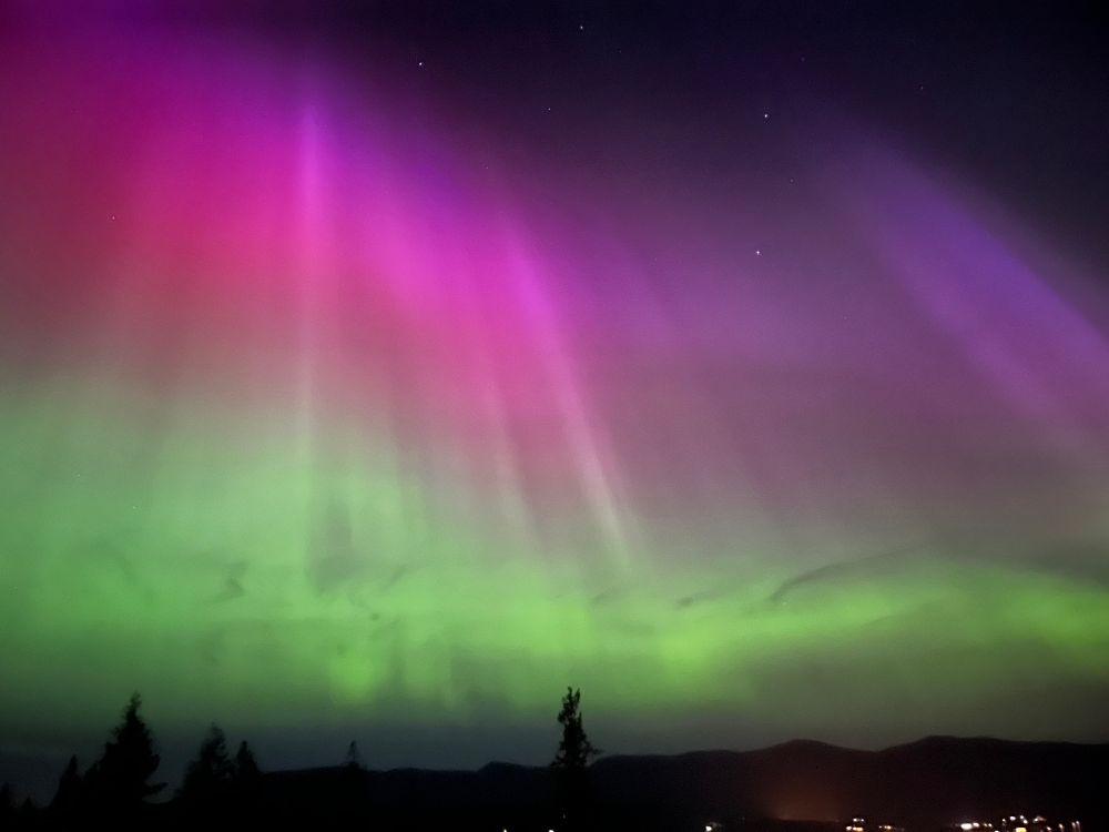 Northern lights display in purple and green.