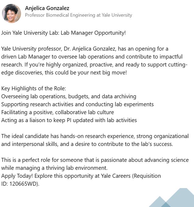 Science job opportunity for someone passionate about advancing science and managing an excellent research team at Yale University lead by Dr. Anjelica Gonzalez (her photo is shown at the top left corner of the image, and her research has focused on the development of biomimetic materials for use in investigation of immunology, inflammation and fibrosis). Yale Job Requisition ID: 120665WD.