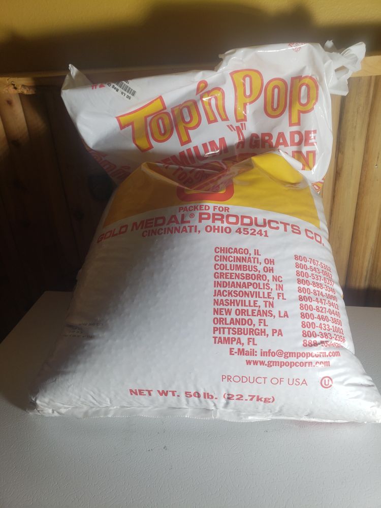 Picture of 50 lb bag of popcorn. 