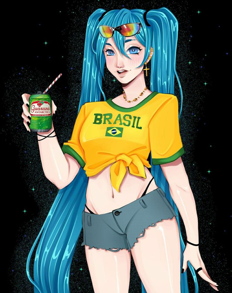 Um desenho inspirado na Hatsune Miku, uma nova trending chegou para os artistas e resolveram criar a versão brasileira da idol digital, ela está segurando um guaraná e usando uma "Juliet"
