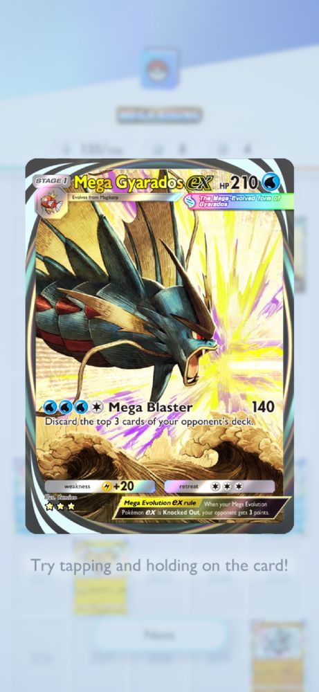 Mega garados card from Pokemon pocket card game. It's a massive toothy fish that is vomiting up some sort of yellow light that hurts everyone