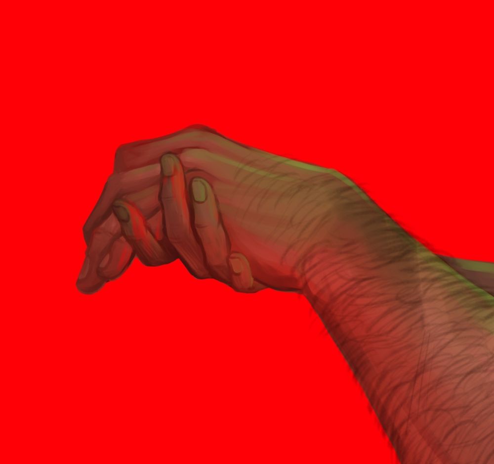 Closeup of Silco's hand holding up Vander's. It's a very gentle and tender pose, despite the blood on his fingertips.