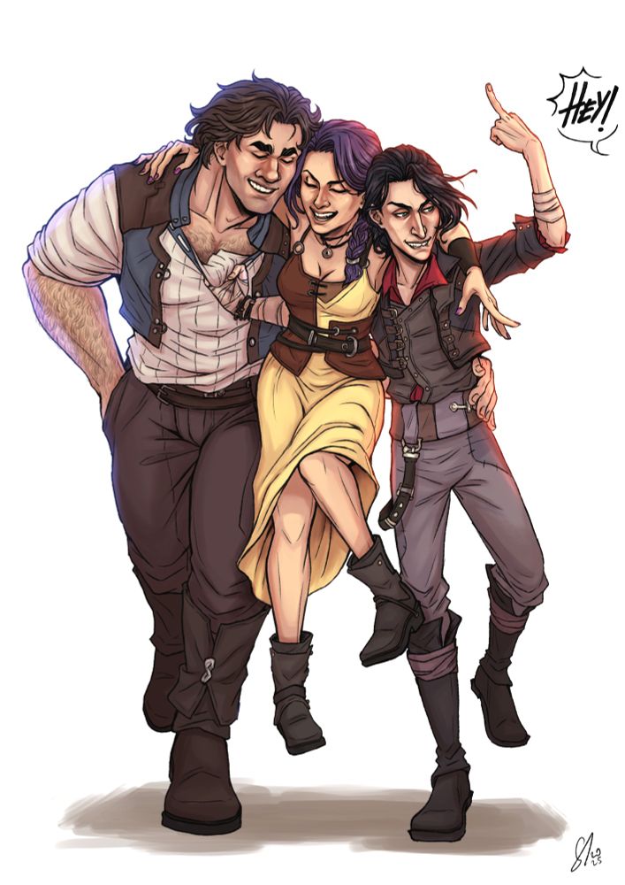 Digital painting of Vander, Felicia, and Silco from arcane. They are laughing and holding onto each other. Silco is flipping off someone off screen with one hand, grabbing Vander's shirt with the other. Felicia has her arms around both their shoulders, and she is jumping, her feet don't touch the ground. Vander is leaning down a lot and his arm is reaching behind Felicia to hold onto silco's waist. They are happy and everything is right in the world.