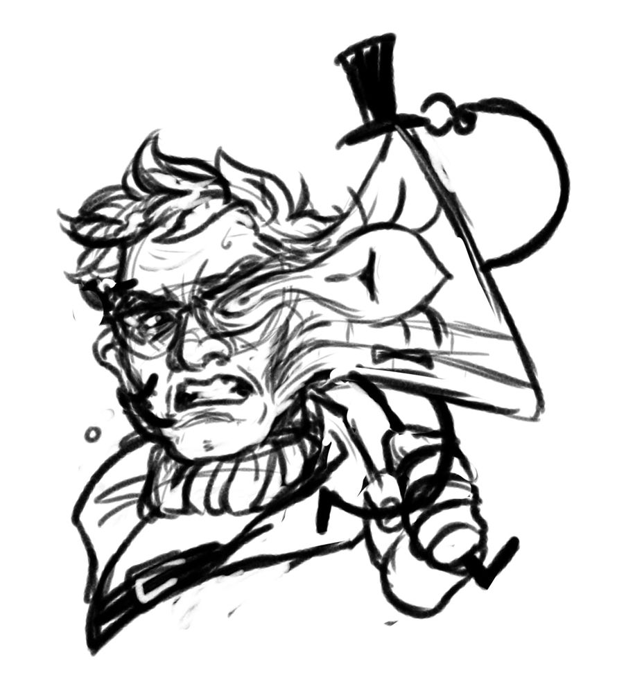 A sketch of Stanford Pines and Bill Cypher from gravity falls. Stanford is holding Bill's leg, while the demon is holding his face and tipping his top hat. Their faces are melting together.