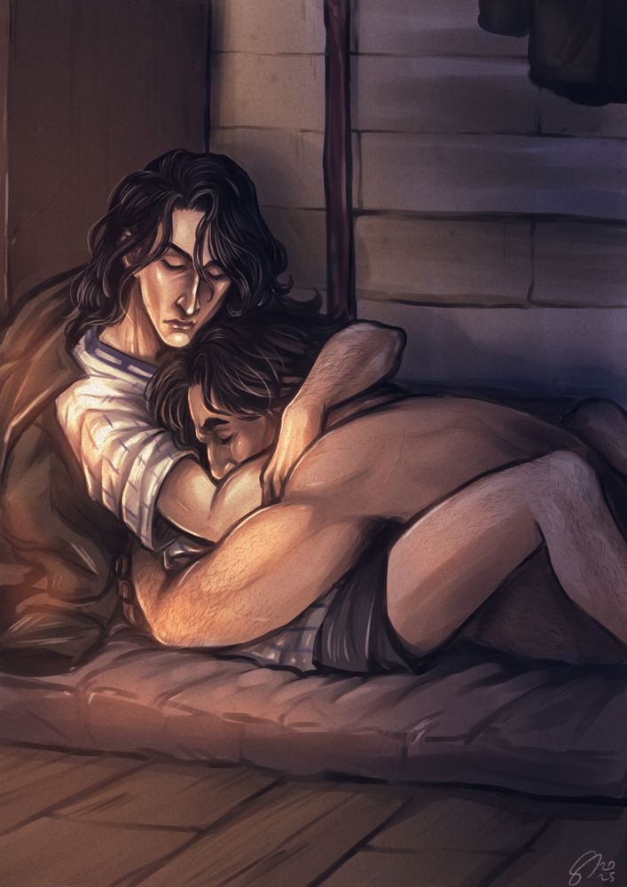 digital painting of vander and silco from arcane. they are resting on a thin mattress on the floor of their hideout, and are holding onto each other in a hug as they sleep. silco is wearing vander's shirt, and has his jacket on his shoulders.