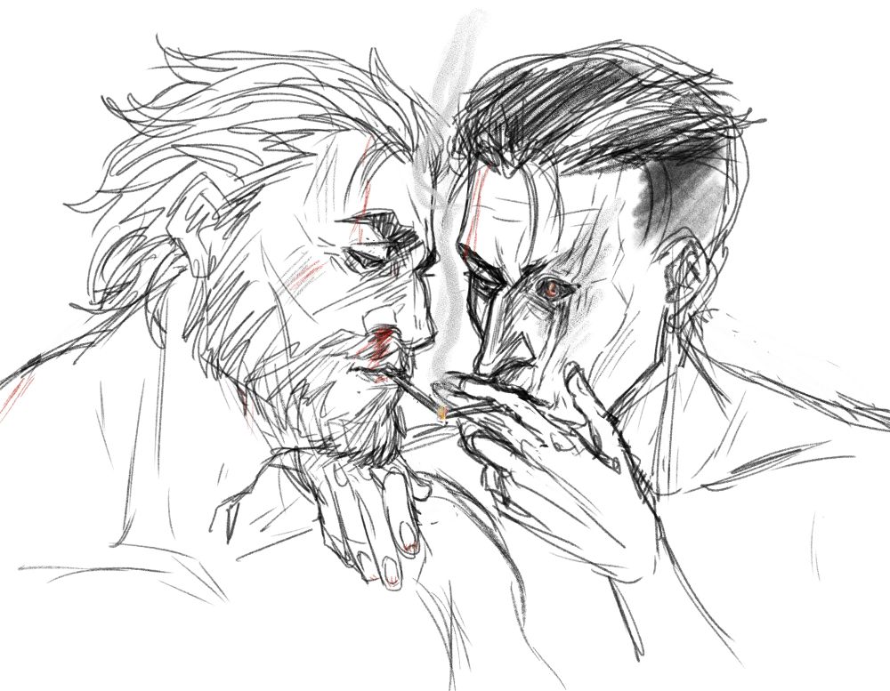sketch of Vander and silco from arcane looking beat up. Silco is holding a cigarette with his hand close to his lips, and the tip of the cigarette is touching Vander's to light it.