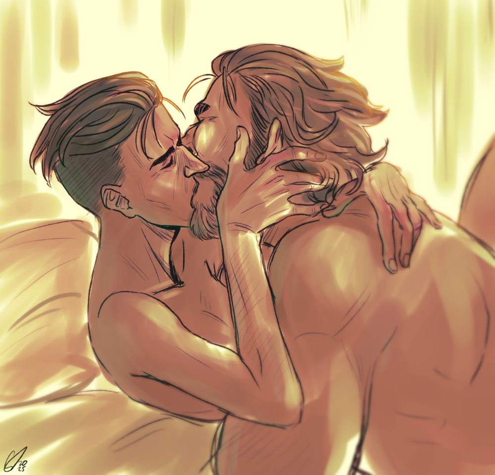 digital coloured sketch of silco and vander from arcane embracing in bed. they are kissing, Silco's right hand is on Vander's cheek, his left hand on the back of his shoulders. The light of the scene is warm and glowy.