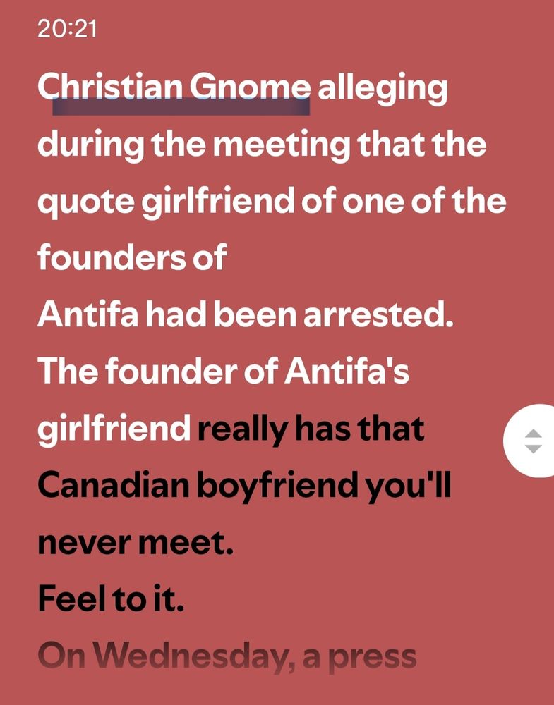 Text reads: Christian Gnome alleging during the meeting that the quote girlfriend of one of the founders of Antifa's girlfriend really has that Canadian boyfriend you'll never meet.