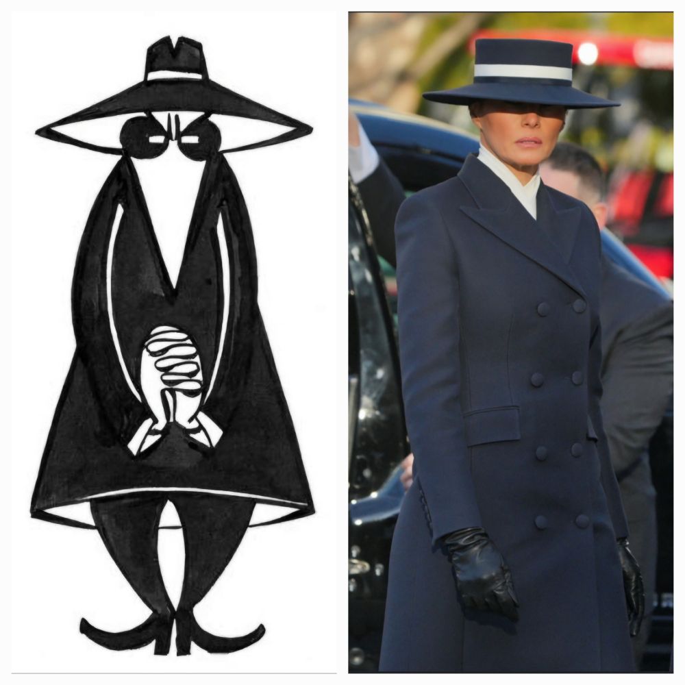Two images. The first is of one of the Spy Vs. Spy magpies, the other of Melania Trump in a similar outfit.
