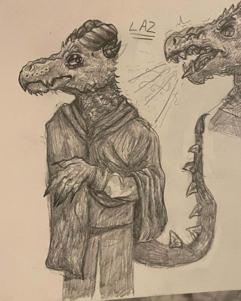 Shaded grey pencil drawing of a Dragonborn with curled horns wearing a cape and looking to the side 