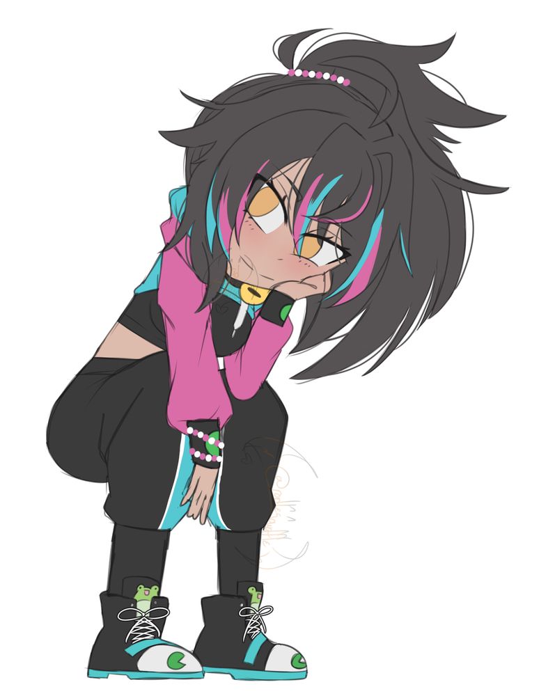 full body sketch of the vtuber NeonHarper squatting but it looks more like theyre sitting, with their right hand resting over their knee and their head resting on their left hand