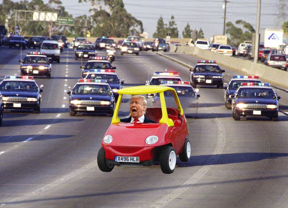 A photo of a crying trump in a little tike car photoshopped into the famous photo of OJ fleeing from the LAPD