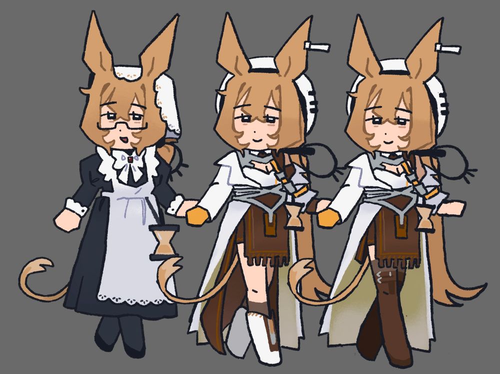 3 chibi style illustrations of Dorothy Franks from arknights.