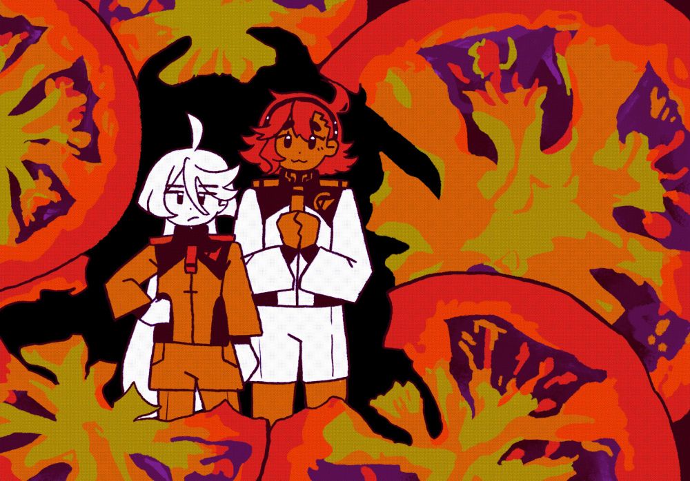 Artwork of Miorine Rembran and Suletta Mercury from Mobile Suit Gundam: The Witch from Mercury. Miorine has an irritated expression, and has her left hand on her hip. Suletta appears more relaxed, and has her hands clapsed together. The pair are surrounded by slices tomatoes with bite marks in them. The background behind them is black.